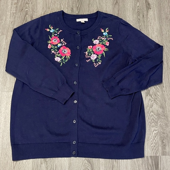 Vintage Embroidered Cardigan Sweater Sz 18 Navy Floral Button Down Cottagecore - Picture 3 of 10